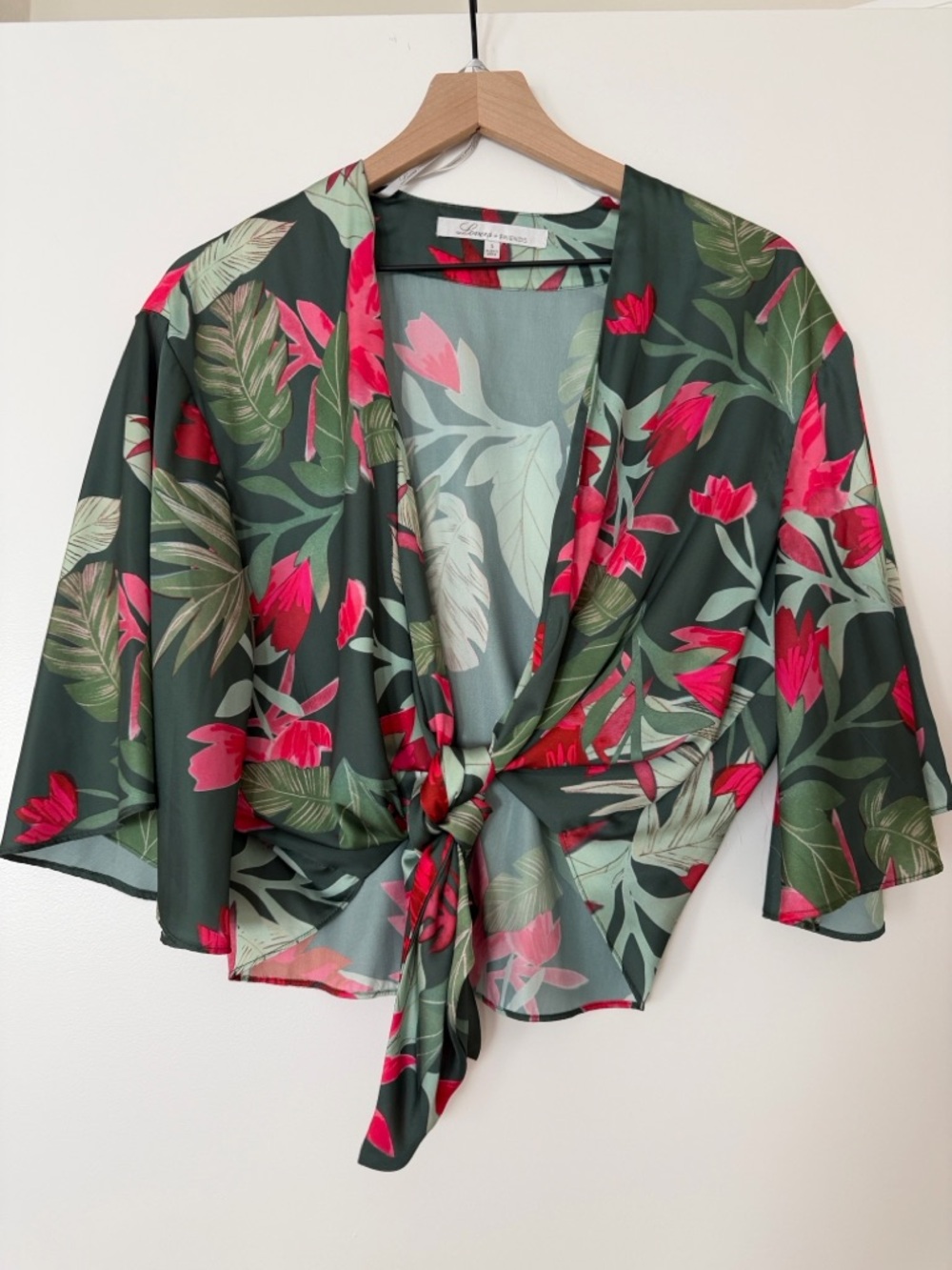 Lovers + Friends Green Tropical Floral Blouse Tie Front Small Beach Cover